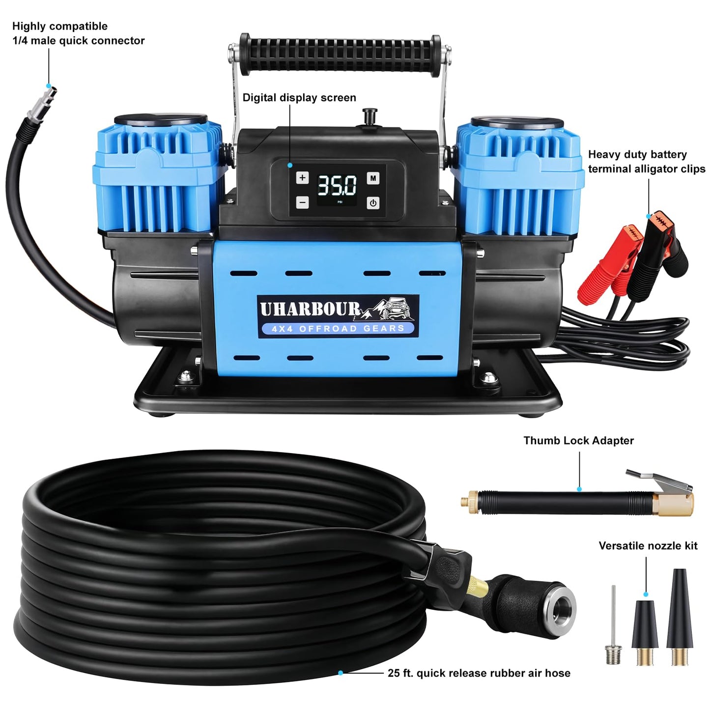 Uharbour 12V Offroad Air Compressor Auto Stop Dual Compressor with Digital LCD Dislplay, 12 Volt 10.6 CFM Off Road Air Compressor Heavy Duty for 4x4 Truck Car SUV with Carrying Bag