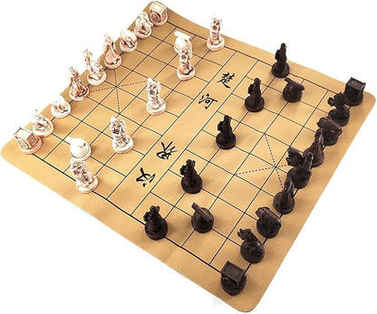 Traditional Chinese Xiangqi Portable Chess SetTravel Board Game Set with Resin Chess Pieces and Leather Chessboard