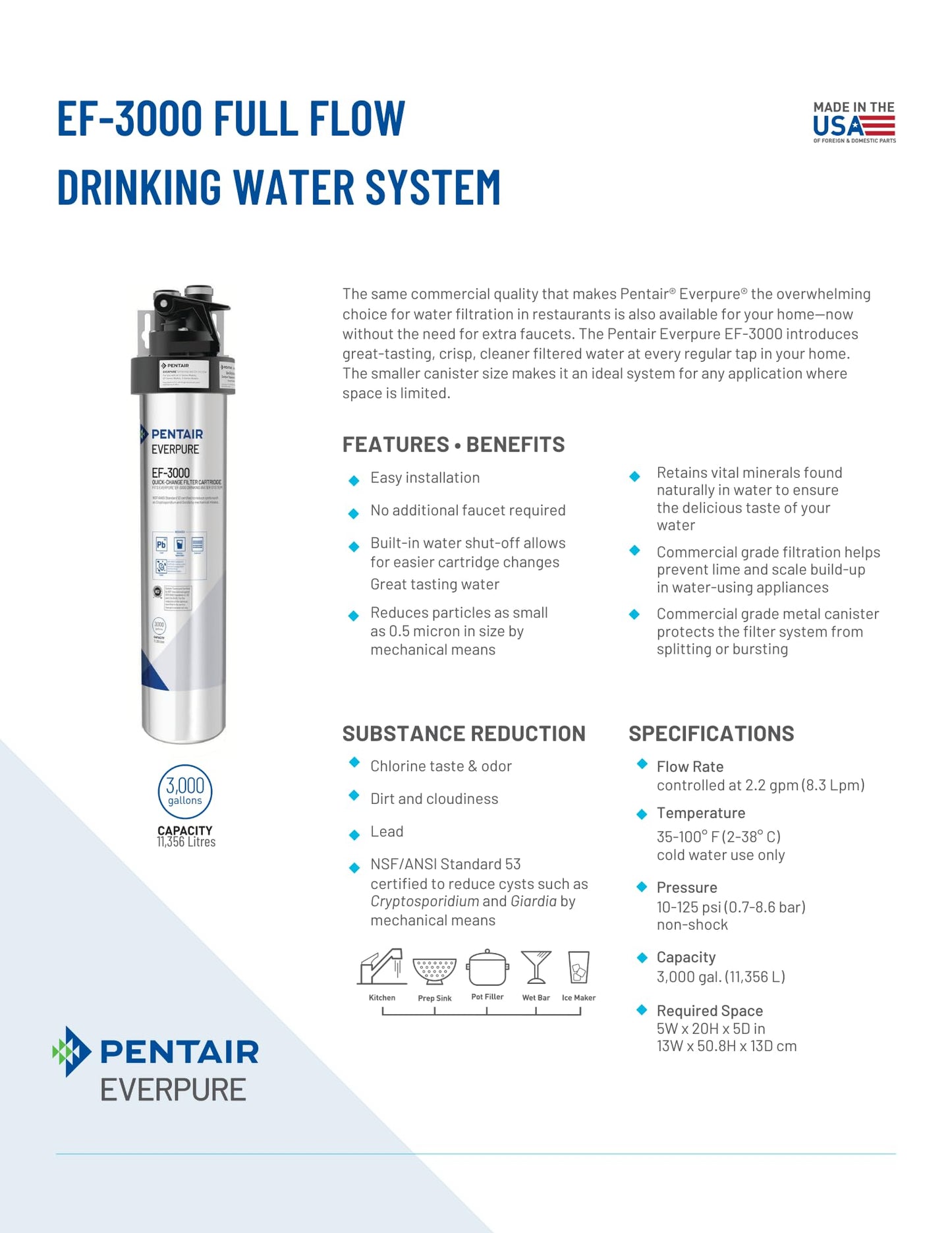 Pentair Everpure EF-3000 Quick-Change Filter Cartridge, EV985750, for Use in Everpure EF-3000 Full Flow Drinking Water System, 3,000 Gallon Capacity, 0.5 Micron