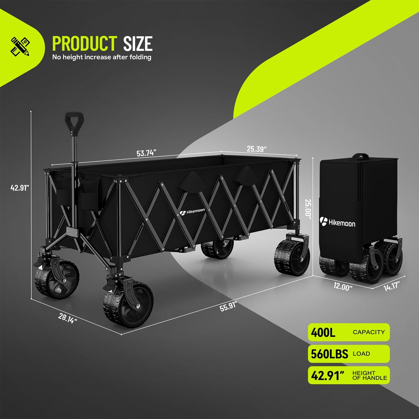 Hikemoon 54" Long Collapsible Wagon 400L Extra Large, Wagons Carts Foldable with Big All-Terrain Wheels, 560LBS Heavy Duty, Utility Folding Cart for Beach, Camping, Grocery, Sports, Garden, Black