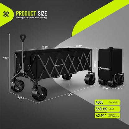 Hikemoon 54" Long Collapsible Wagon 400L Extra Large, Wagons Carts Foldable with Big All-Terrain Wheels, 560LBS Heavy Duty, Utility Folding Cart for Beach, Camping, Grocery, Sports, Garden, Black