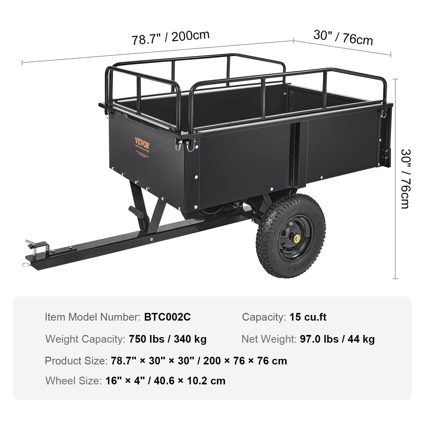 VEVOR Heavy Duty ATV Trailer Steel Dump Cart, 750 lbs 15 Cubic Feet, Garden Utility Trailer Yard Trailers with Removable Sides for Riding Lawn Mower Tractor