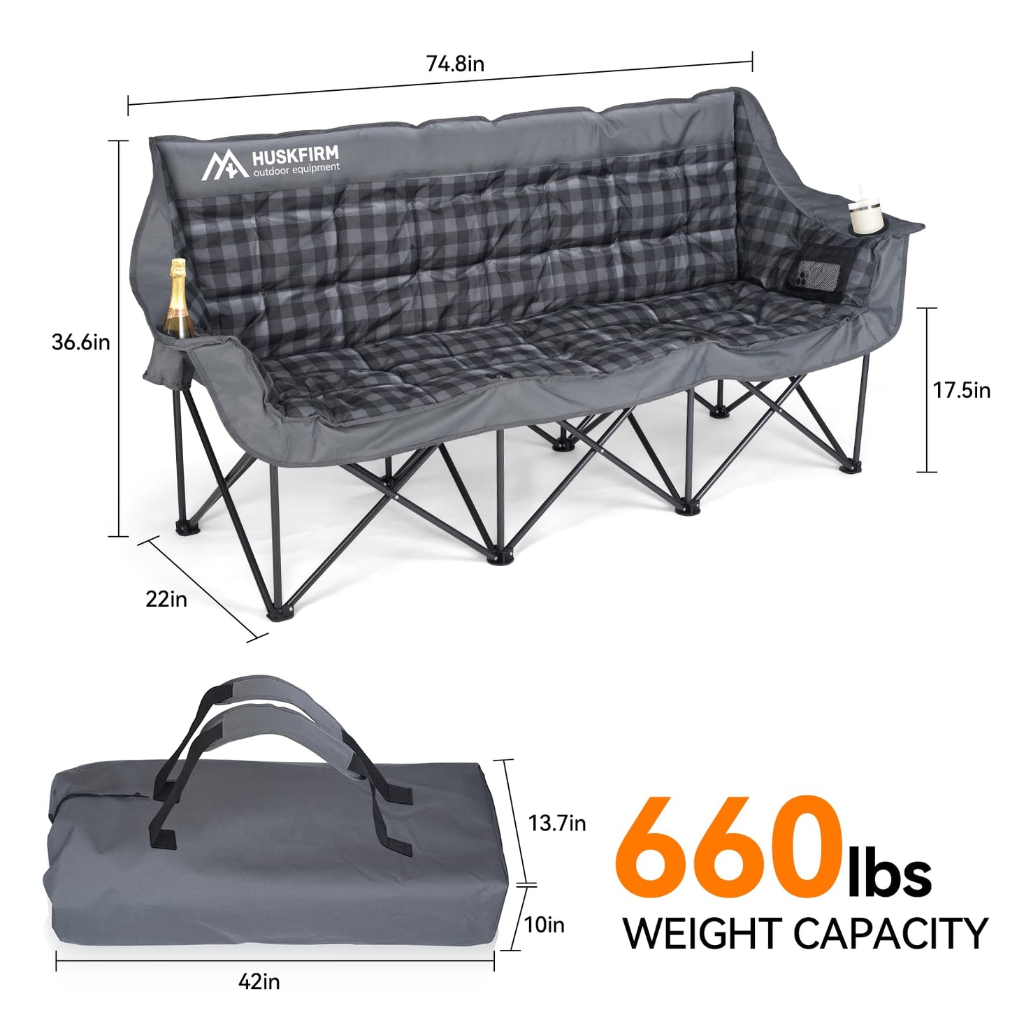 Huskfirm 3 Person Camping Chair Padded Loveseat Camping Chair Folding Camping Couch Portable Double Camping Chairs Heavy Duty Camp Chair for Adults Outdoor Lawn with Two Cup Holders and Carry Bag