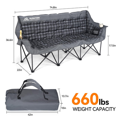 Huskfirm 3 Person Camping Chair Padded Loveseat Camping Chair Folding Camping Couch Portable Double Camping Chairs Heavy Duty Camp Chair for Adults Outdoor Lawn with Two Cup Holders and Carry Bag