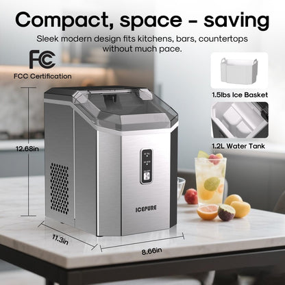 ICEPURE Nugget Ice Makers Countertop with App, Portable Ice Machine with WiFi, 33lbs in 24H, Ready in 5-10 Mins, Self Cleaning，Small Ice Maker with Basket Scoop, for Home/Party/RV(Stainless Steel)