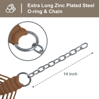SUNCREAT Hanging Backyard Rope Hammock with Spreader Bar, Carrying Bag, 450 lbs Capacity, Portable Two Person Hammock with Tree Hooks, Brown