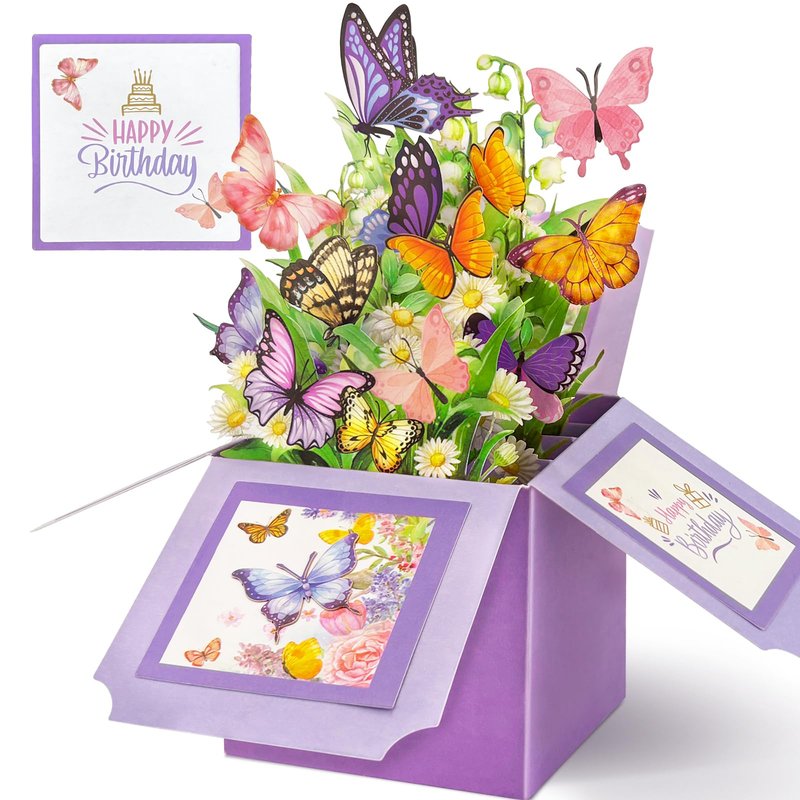 Hierein Birthday Cards for Women, Butterfly Pop Up Card Box, Happy Birthday Gifts Cards for Women, Daughter, Mom, Sister, Friend, Butterflies & Flowers Greeting Card with Blank Notecard & Envelope