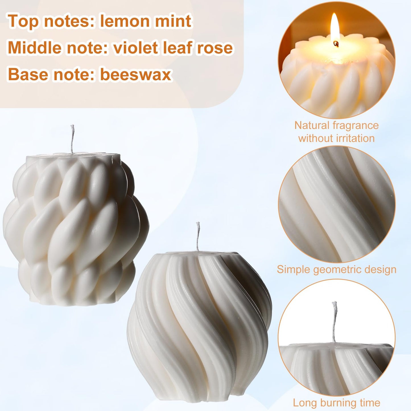 Threlaco 2 Pcs Decorative Pillar Candles Modern Aesthetic Knot Ball Swirl Candles Scented Soy Wax Ribbed Decor for Home Shelf Table Room Decor Christmas Holiday Housewarming Gift