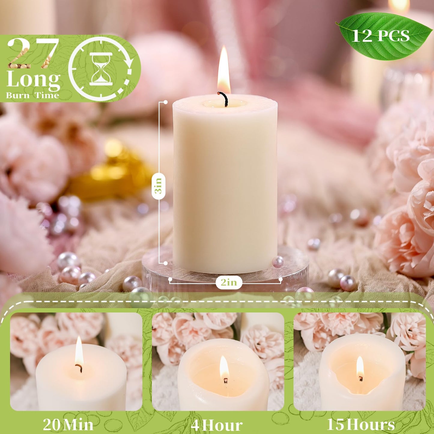 12 Pack Soy Wax Pillar Candles-2x3 Inch Small White Unscented Pillars-324 Hour Long Burning,Non-Toxic Dripless & Smokeless-Natural Soybean Candles for Wedding Centerpieces, Home Decor, Spa and Prayer