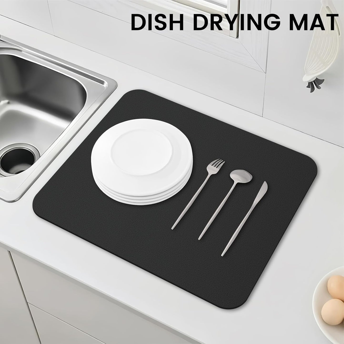 WISELIFE Dish Drying Mat - Super Absorbent Kitchen Counter Mat | Easy Clean, 15"x18", Classic Black
