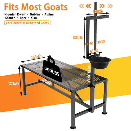 Wepepy Upgrade Goat Milk Stand with Feed Bin, 600lbs Goat Stand for Grooming & Hoof Trimming, 1mm Thick Platform & Anti-Slip Design, Goat Grooming Stand with Firm Head Lock and Adjustable Head