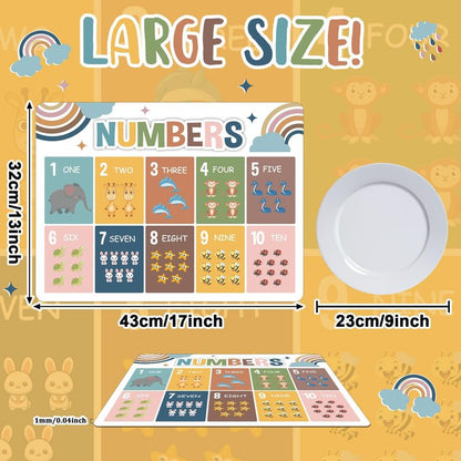Educational Preschool Kids Placemats Set of 6 Boho Plastic Table Mats Toddler Children Montessori Place Mats for Kids Washable Holiday Desk Decoration for Indoor Outdoor Party Kitchen Dining Table