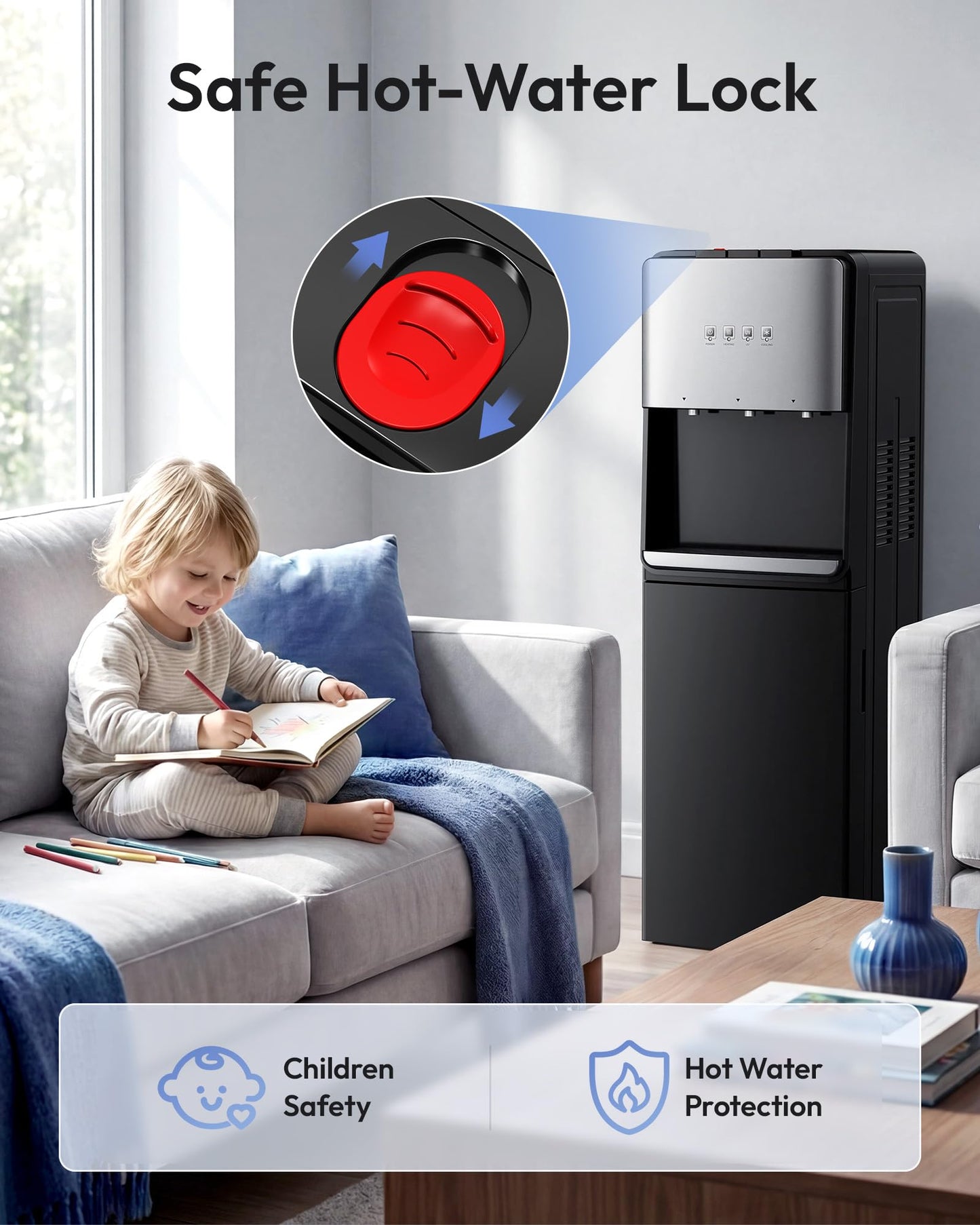 Euhomy Self-Cleaning Bottom-Loading Water Dispenser, Compatible with 5 Gallon Bottles - 3 Temperature Settings with Hot, Room & Cold Water Outlets, Childproof Lock, Night Light & LED Display，Black