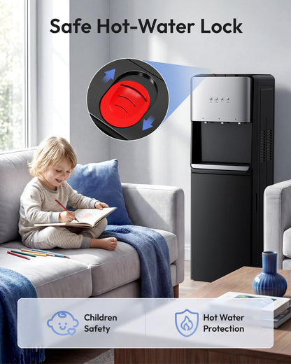 Euhomy Self-Cleaning Bottom-Loading Water Dispenser, Compatible with 5 Gallon Bottles - 3 Temperature Settings with Hot, Room & Cold Water Outlets, Childproof Lock, Night Light & LED Display，Black