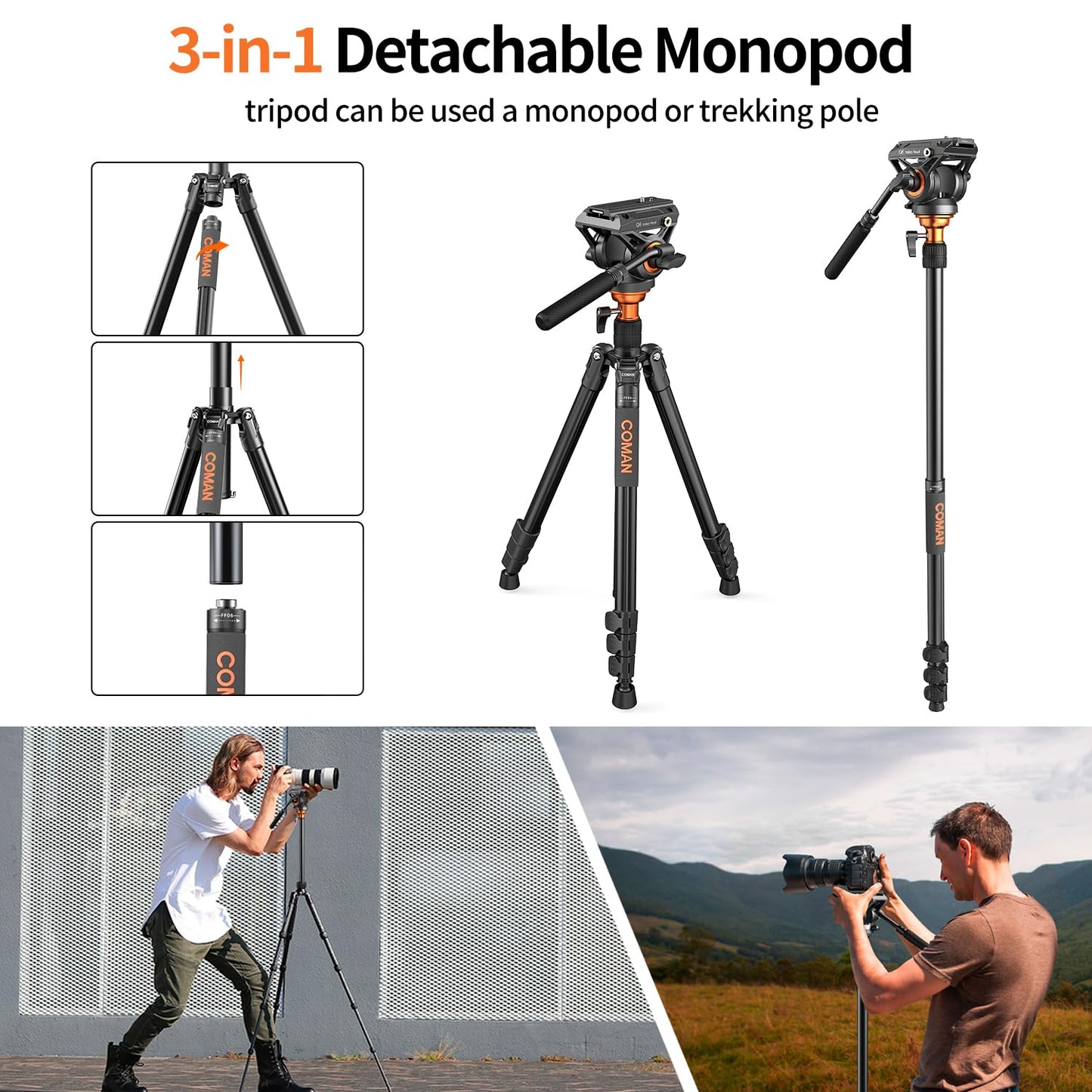 COMAN 73" Camera Tripod with Fluid Head & Leveling Bowl, 22lb Payload, Portable Aluminium 2-in-1 Tripod Monopod, Quick Release Plate, for Canon Nikon Sony DJI DSLR Camera, Black (FF06S)