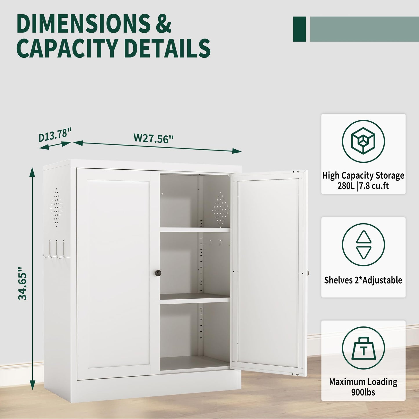 Yukimo Kitchen Pantry Cabinet, 34.5" Pantry Storage Cabinet with 2 Tier Adjustable Shelves and 2 Doors, Metal Pantry Cabinets with Handle for Living Room Kitchen Assembly Required, White