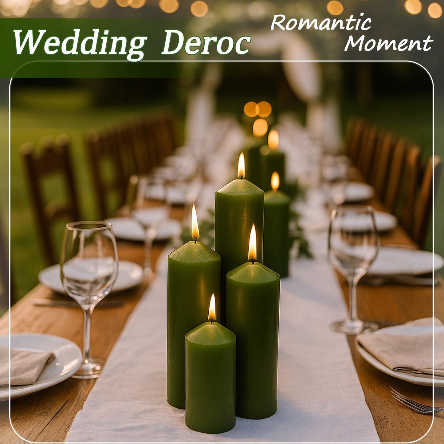 Veiuwa 18 Pcs Green Pillar Candles Bulk Set，Hurricane Candles，3 Different Lengths (6 Each)，Dripless Unscented Smokeless，Gives You a Better Atmosphere When Organizing Wedding or Event Party.