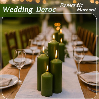Veiuwa 18 Pcs Green Pillar Candles Bulk Set，Hurricane Candles，3 Different Lengths (6 Each)，Dripless Unscented Smokeless，Gives You a Better Atmosphere When Organizing Wedding or Event Party.