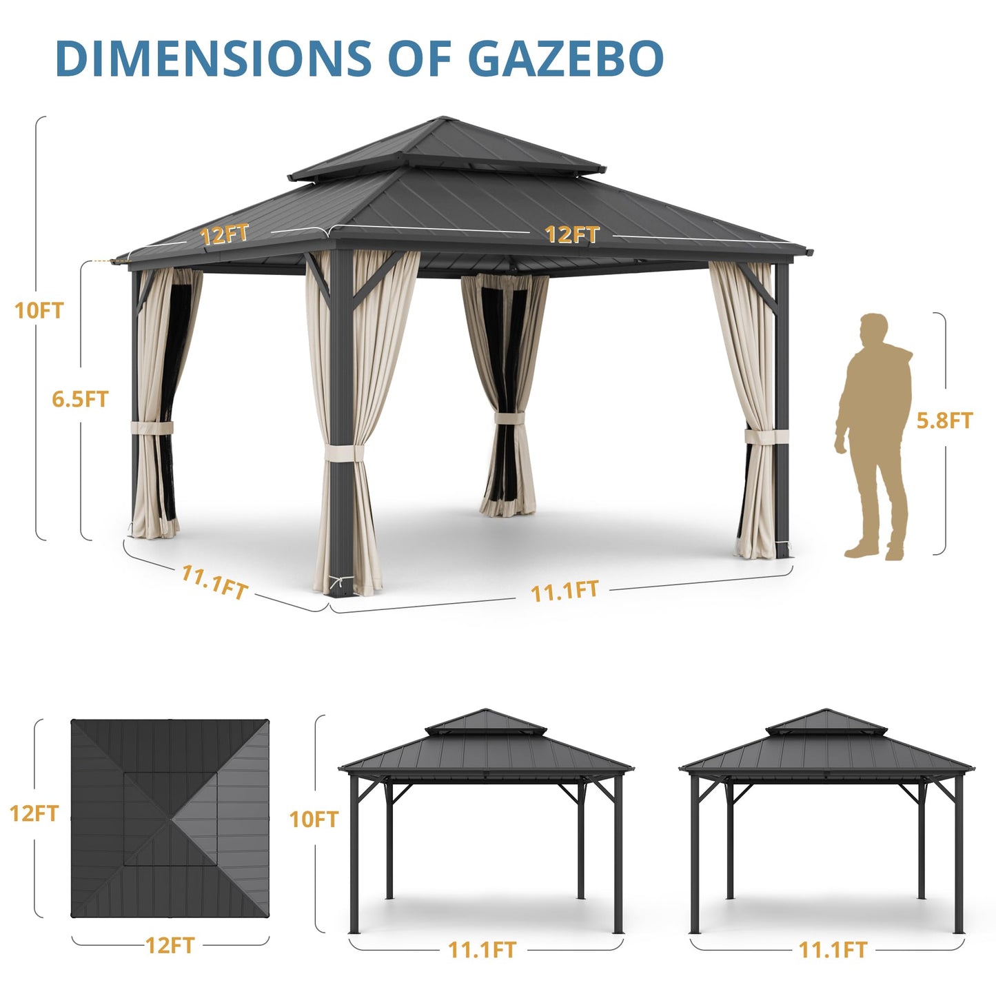 LUE BONA 12'x12' Gazebo Hardtop Gazebos, Double Galvanized Steel Roof and Aluminum Frame Permanent Pavilion with Dual Curtains, Outdoor Metal Roof Gazebo for Patio, Garden, Backyard, Black