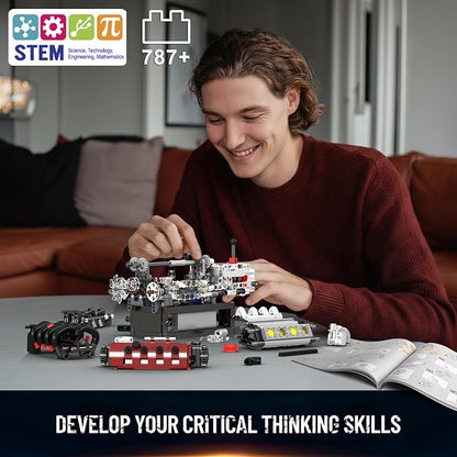 Mould King V8 Engine Building Kit Build Your Own Engine Model Kit That Runs STEM Engineering &amp Physical Science Experiment Set with Battery &amp Motor Car Engine for Age 14+/Adult(787 Pcs)