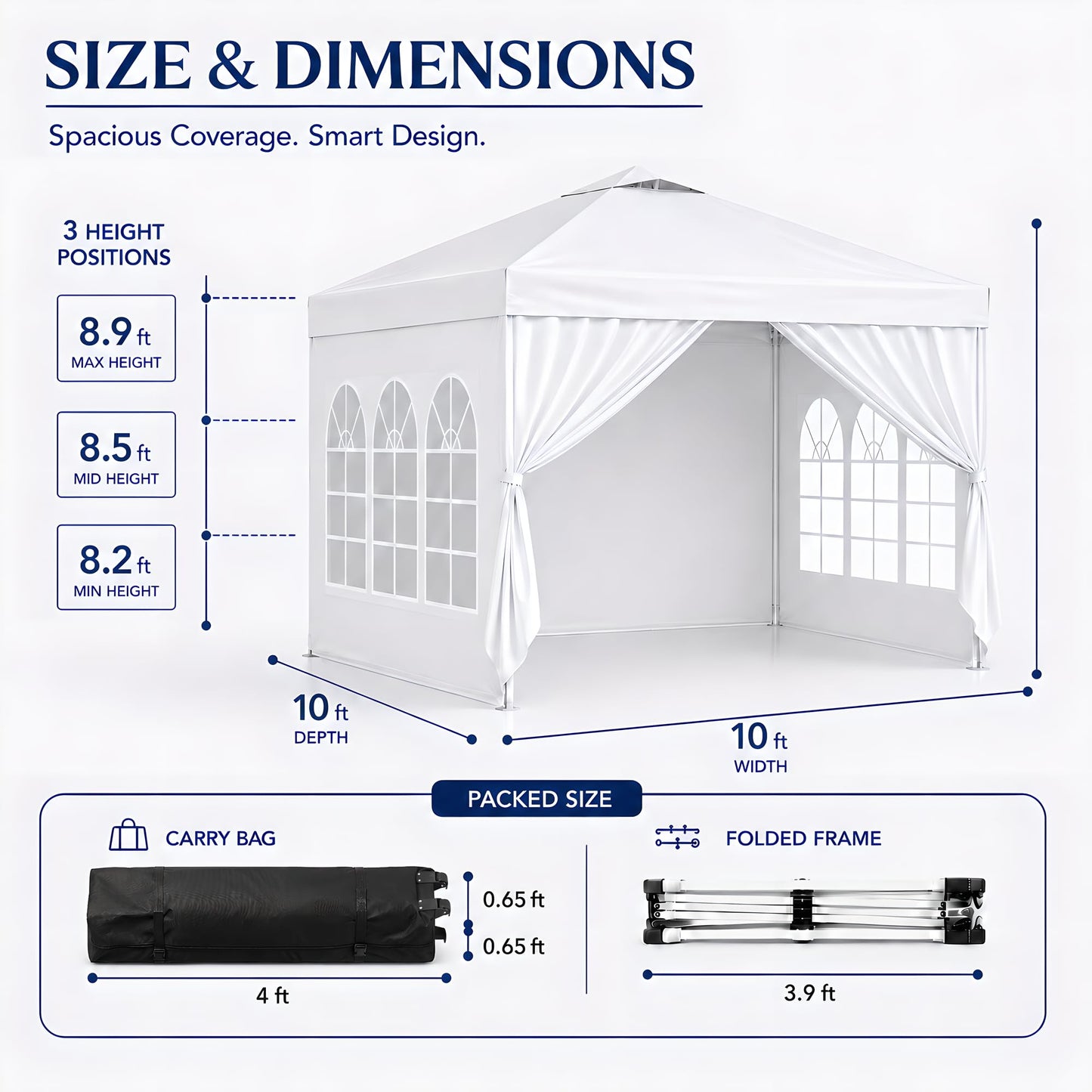 10x10 Pop Up Canopy with Sidewalls- Portable Sun Shade Beach Tent, Gazebo Heavy Duty with Cover Wheeled Bag, Ideal for Parties, Backyard, Camping (White)