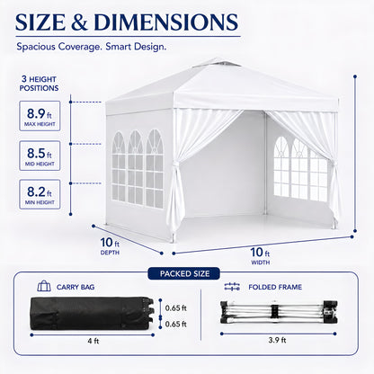 10x10 Pop Up Canopy with Sidewalls- Portable Sun Shade Beach Tent, Gazebo Heavy Duty with Cover Wheeled Bag, Ideal for Parties, Backyard, Camping (White)