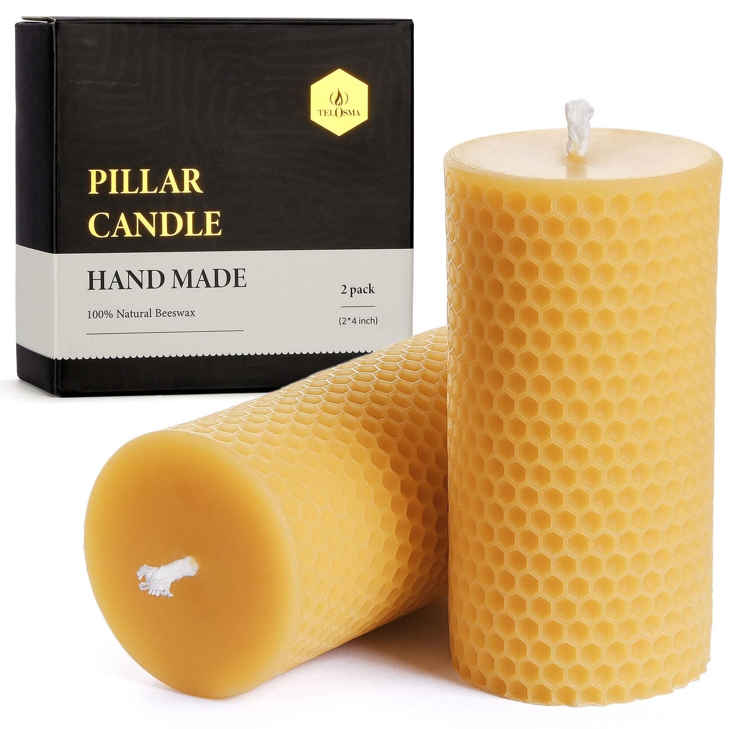Honeycomb Natural Beeswax Pillar Candles - Pack of 2-100% Pure Beeswax Candles No Scent- for Emergency/Prayer/Relax (2inch Diameter, 4 inch Tall - Yellow)