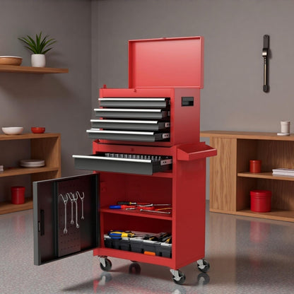 Trygoal Tool Chest, 5-Drawers Rolling Tool Storage Cabinet with Lockable Wheels, Detachable Top, Adjustable Shelf & Locking Mechanism, Multifunctional Tool Cart for Garage Warehouse, Red