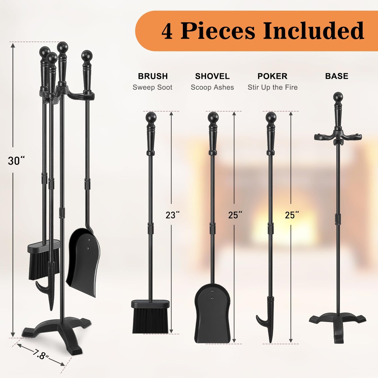 Gtongoko Fireplace Tools Set 4 Pcs 30 Inch Black Wrought Iron Bundle 8ft Firewood Rack Outdoor with Cover