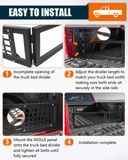 NORTHYUN Adjustable Truck Bed Divider 47–67 in, Foldable Aluminum Cargo Organizer with MOLLE Panel No-Drill Installation Fits Most Pickup Beds