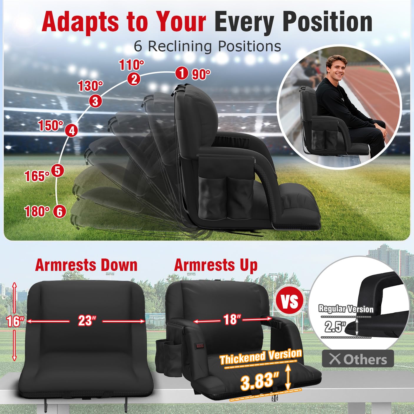 Suteck Extra Wide Heated Stadium Seats with Back Support 2 Pack, Portable Sofa Style Bleacher Chair with Back and Cushion, Armrest, Ideal for Outdoor Stadiums and Events -25" Wide