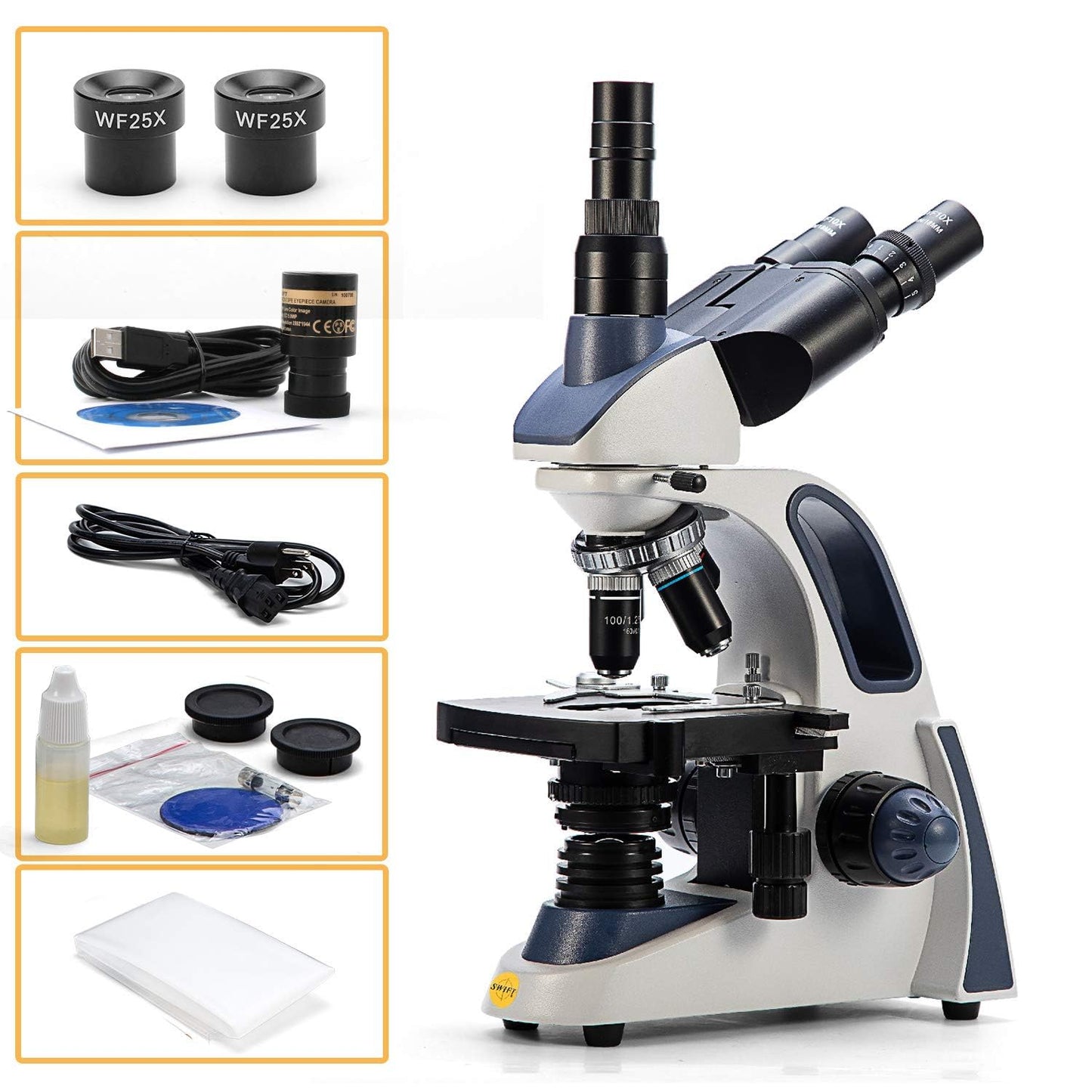 Swift SW380T 40X-2500X Research-Grade Trinocular Compound Lab Microscope with 2.0mp Camera and Software Windows and Mac Compatible and Slides