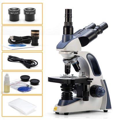 Swift SW380T 40X-2500X Research-Grade Trinocular Compound Lab Microscope with 2.0mp Camera and Software Windows and Mac Compatible and Slides