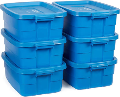 Rubbermaid Roughneck Tote - 10 Gallon Stackable Storage Bins | Rugged Plastic, Heritage Blue, 6 Pack