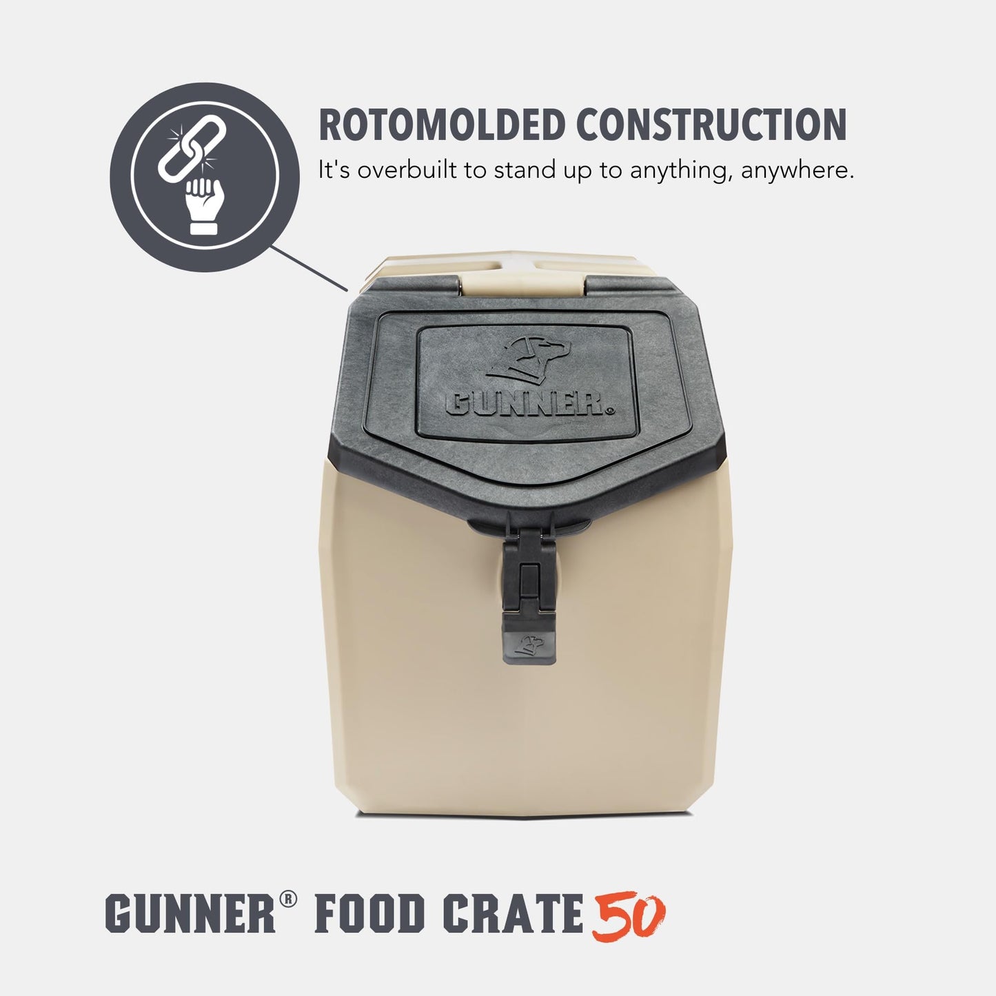 GUNNER 50 lbs Tan Dog Food Storage Container with Measuring Scoop – Waterproof & Airtight Pet Food Bin for Dry Food, Corn, Chicken Feed, Bird Seed & Treats – 3 Cup Ergonomic Scooper with Markers