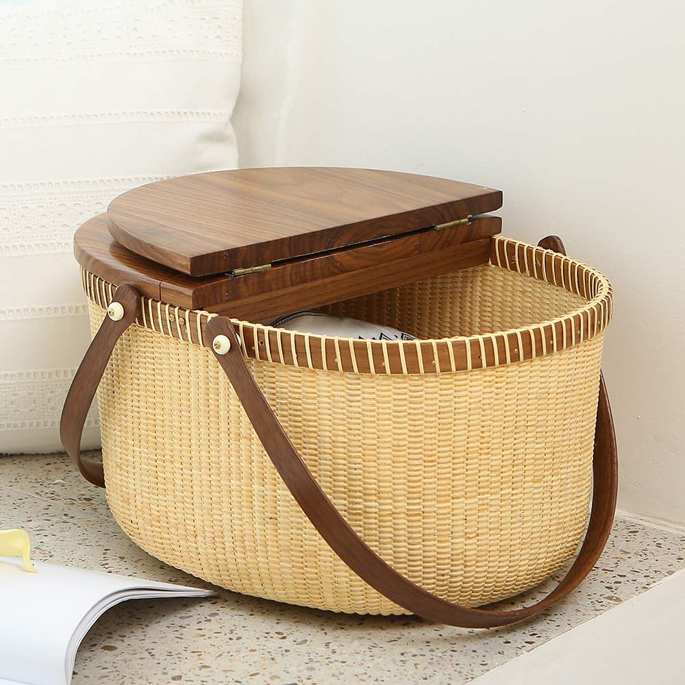 Teng Tian Nantucket Basket Crafts Cane-on-Cane Weave Picnic Basket Shopping Basket Basket Storage Basket Two Swing Handles (Black Walnut Activity Double Open)