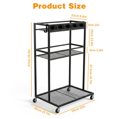 QonicFly Broom Holder with Cleaning Cart on Wheels – 300 lbs Weight Capacity, Holds Upright Vacuum & Steam Mop, Locking Brakes, Slim 22" Wide Storage for Garage Laundry Room, No Tools Assembly