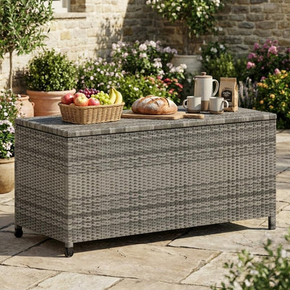 125 Gallon Outdoor Wicker Deck Box, All-Weather Waterproof Patio Storage with PE Rattan Finish & Steel Frame, for Cushions, Garden Tools, Pool Supplies, Lockable Gray Storage Box with Soft-Close Lid