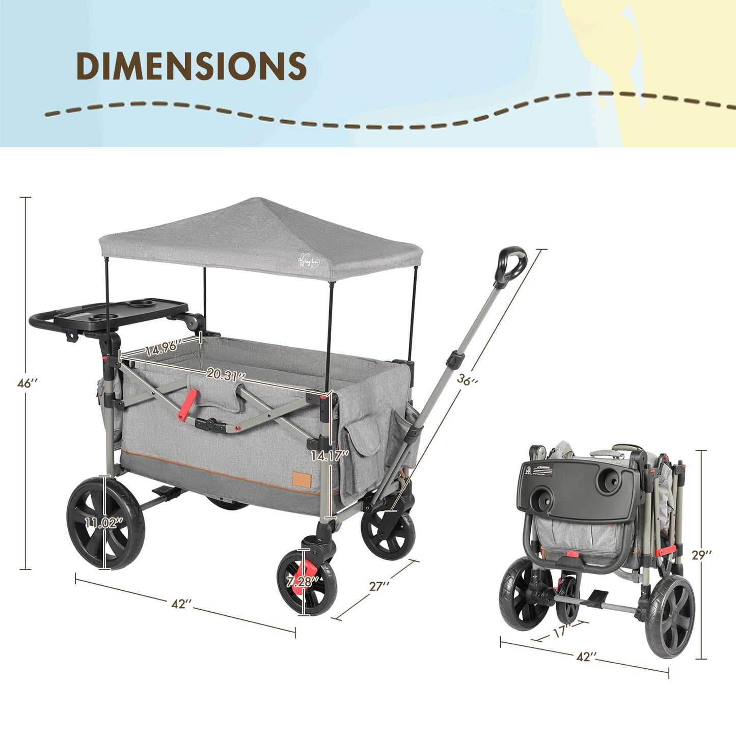 Busy Bee Foldable Wagon Stroller for 2 Kids, Push Pull Collapsible Kids Wagon with Adjustable Handle Bar, Removable Canopy, 5-Point Harness, Shock-Absorbing Wheels, Grey