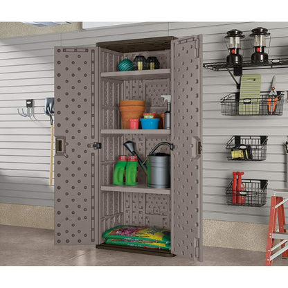 Suncast Tall Storage Cabinet for Garage Organization - 72" Freestanding Utility Closet with Shelving for Garden Supplies, Paint Cans & Outdoor Tools, Multi-Wall Resin Construction, Platinum