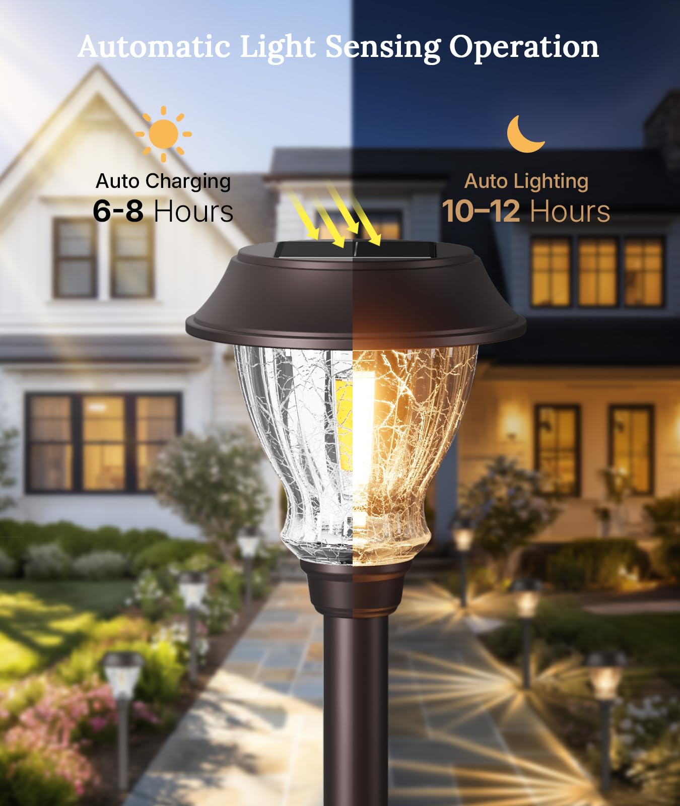 XMCOSY+ Solar Pathway Lights Outdoor, 8 Pack Decorative Crackled Glass Garden Lights, Soft Warm White Glow, Auto On/Off Waterproof Landscape Lighting for Yard Walkway Patio