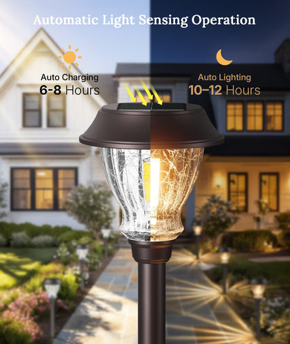 XMCOSY+ Solar Pathway Lights Outdoor, 8 Pack Decorative Crackled Glass Garden Lights, Soft Warm White Glow, Auto On/Off Waterproof Landscape Lighting for Yard Walkway Patio