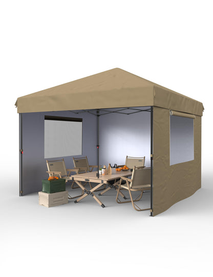 10x10 Pop Up Canopy with 3 Sidewalls - Outdoor Canopy Tent with Portable Roller Bag - One Button Push Setup, 3 Adjustable Height, 4 Weight Bags, 8 Stakes & 4 Guy Ropes Included, Khaki