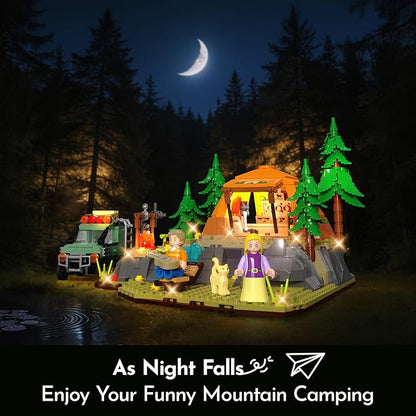 Mountain Camping Building Set with Light Outdoor Adventure Scene Toy with Camp Tent Camper Van Campfirre Creative Home Decor &amp Display Xmas Birthday Gift for Adults Teens Camping Lovers 677