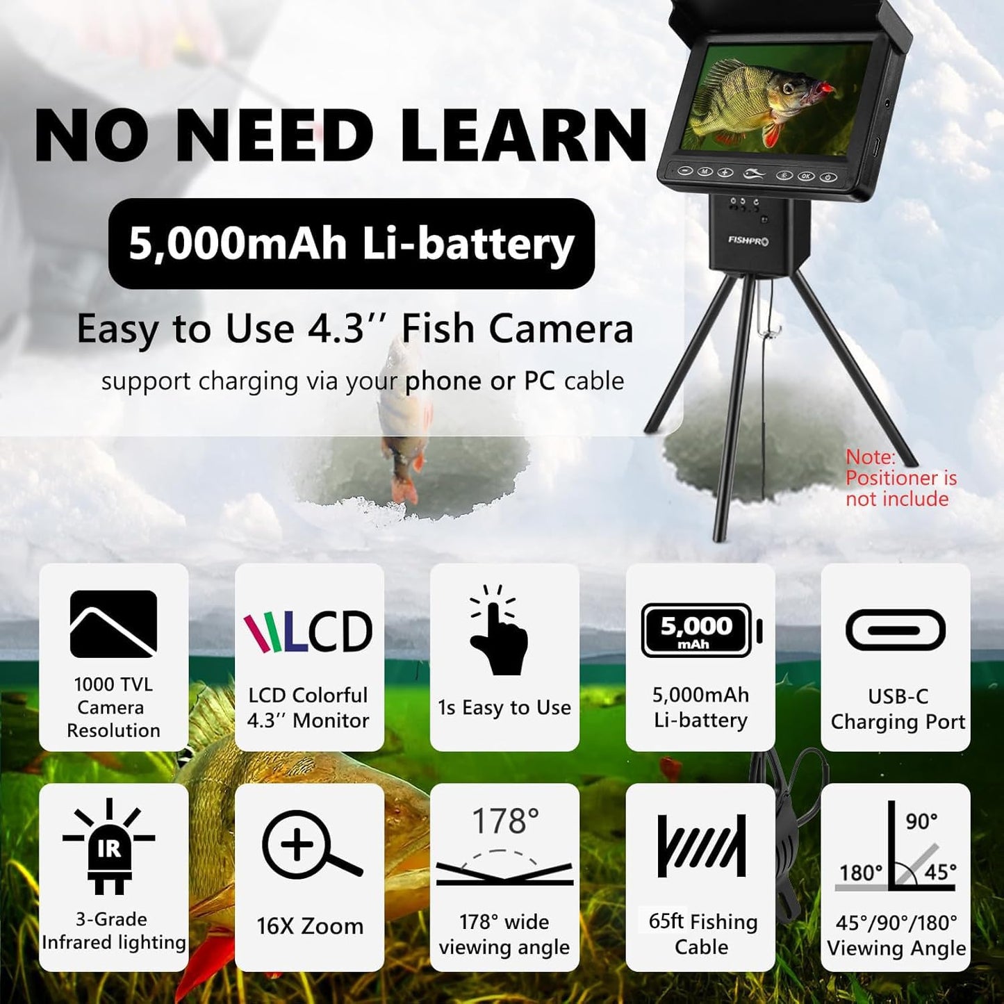 FishPRO Underwater Fishing Camera - MOQCQGR Portable 4.3'' 1000TVL (No Need Learn) Ice Fishing Camera Underwater 3-Grade IR Light, USB-C, 4X Zoom, Ice Fishing Fish Finder for Boat Lake Kayak, 65FT