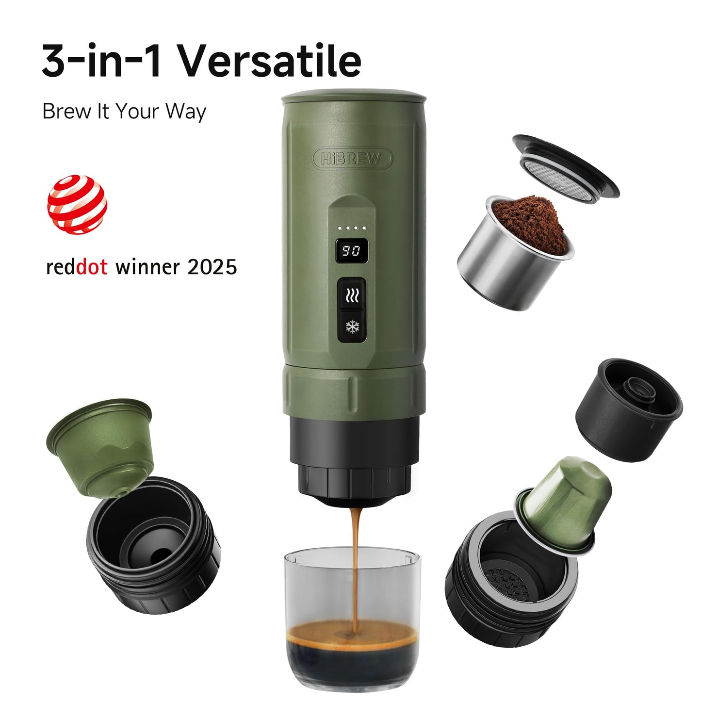 HIBREW H4C Explorer - Portable Electric Espresso Machine, USB-C Rechargeable Coffee Machine for Camping and Travel, Compact for Capsules & Ground Coffee, with Foldable Holder & Carrying Case (Green)