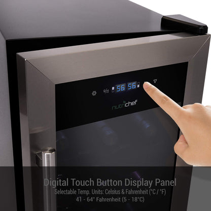 NutriChef 18 Bottle Wine Fridge | Dual Zone Wine Chiller | Adjustable Temperature 41°F to 64°F | Ultra Quiet Operation | Wine Cooler For Home & Office | Free Standing 32x13x19 IN | Black