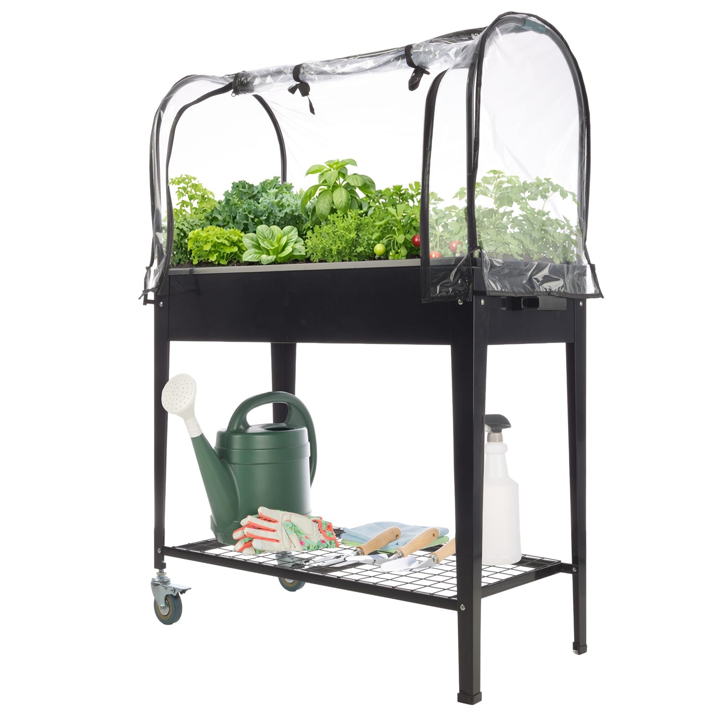 Raised Garden Bed with Cover - 31.5”x15.75”x47.25” Metal Elevated Planter Box with Legs, Greenhouse Cover, Wheels, and Storage Shelf - for Growing Flowers, Vegetables, or Herbs by Pure Garden (Black)