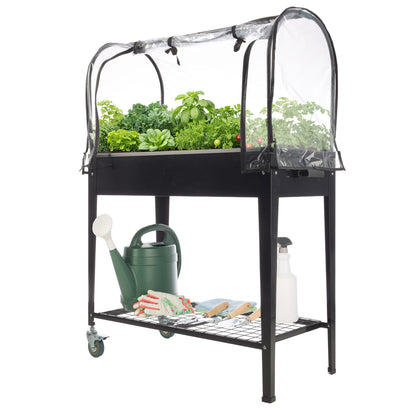 Raised Garden Bed with Cover - 31.5”x15.75”x47.25” Metal Elevated Planter Box with Legs, Greenhouse Cover, Wheels, and Storage Shelf - for Growing Flowers, Vegetables, or Herbs by Pure Garden (Black)