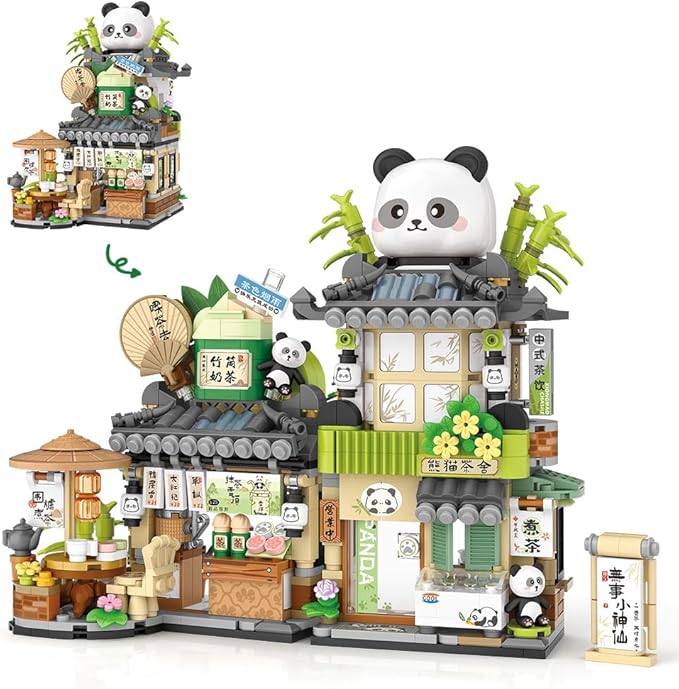 MindBox City Tea House Building Blocks Set Openable Panda Construction Tea Shop Building Toys for Boys Girls Age 8+ 860pcs Mini Bricks